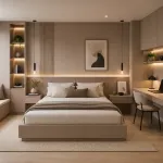 Ambiente decorado con melamina Primacor Creta acabado taupé arena