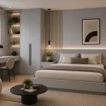 Ambiente decorado con melamina Primacor Humo acabado gris frío