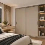 Ambiente decorado con melamina Primacor London acabado textil lino oscuro