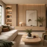Ambiente decorado con melamina Primacor Tauarí acabado dorado miel