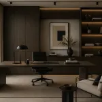Ambiente decorado con melamina Primacor Wengue acabado wengué café oscuro